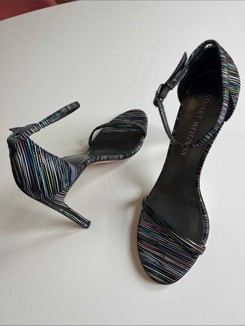 Stuart Weitzman Black Multicolor Striped Ankle-Strap Heels